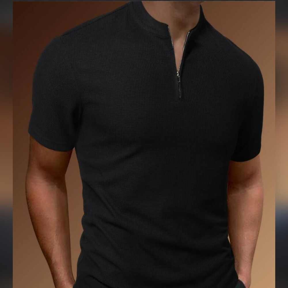 Shein Men's Fitted Quarter Zip Ribbed Shirt Black Size S Used